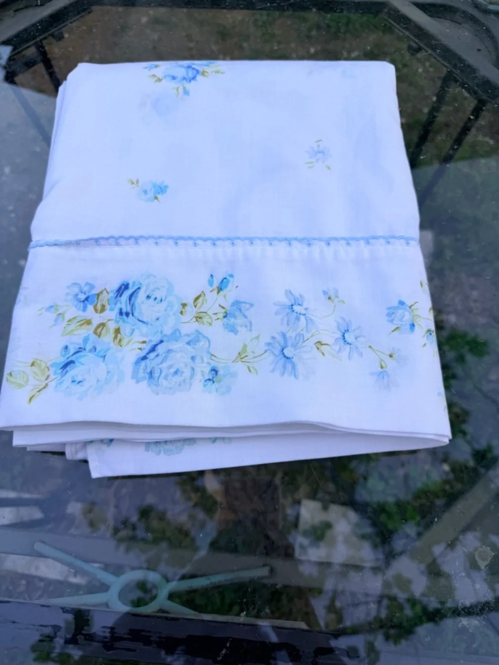 Vintage Blue Floral Flat Sheet Cottagecore‎ Bedding Shabby Chic Fabric Full size